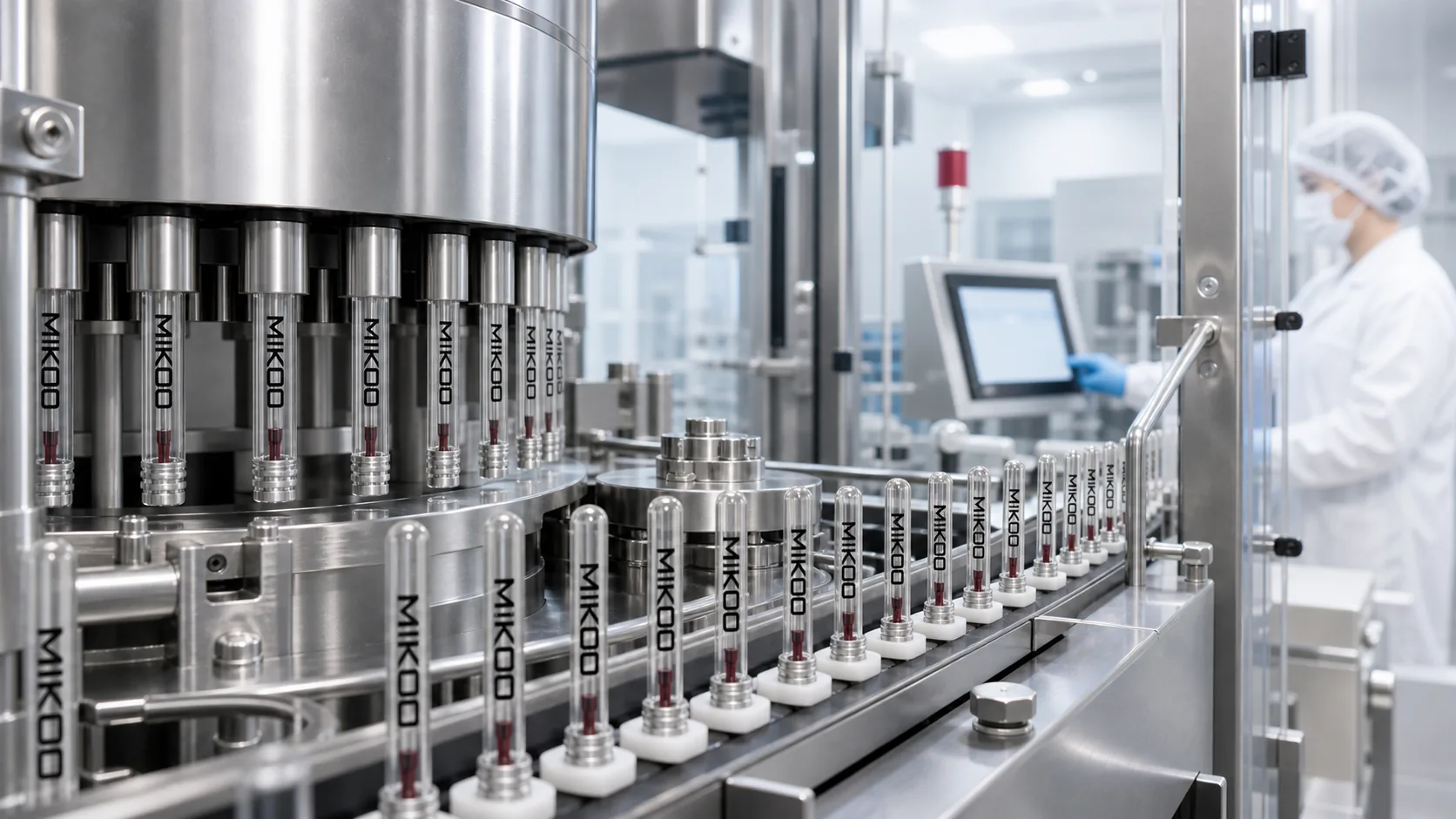 MIKOO single-dose tubes secured by cylindrical metal chucks on an automated production line